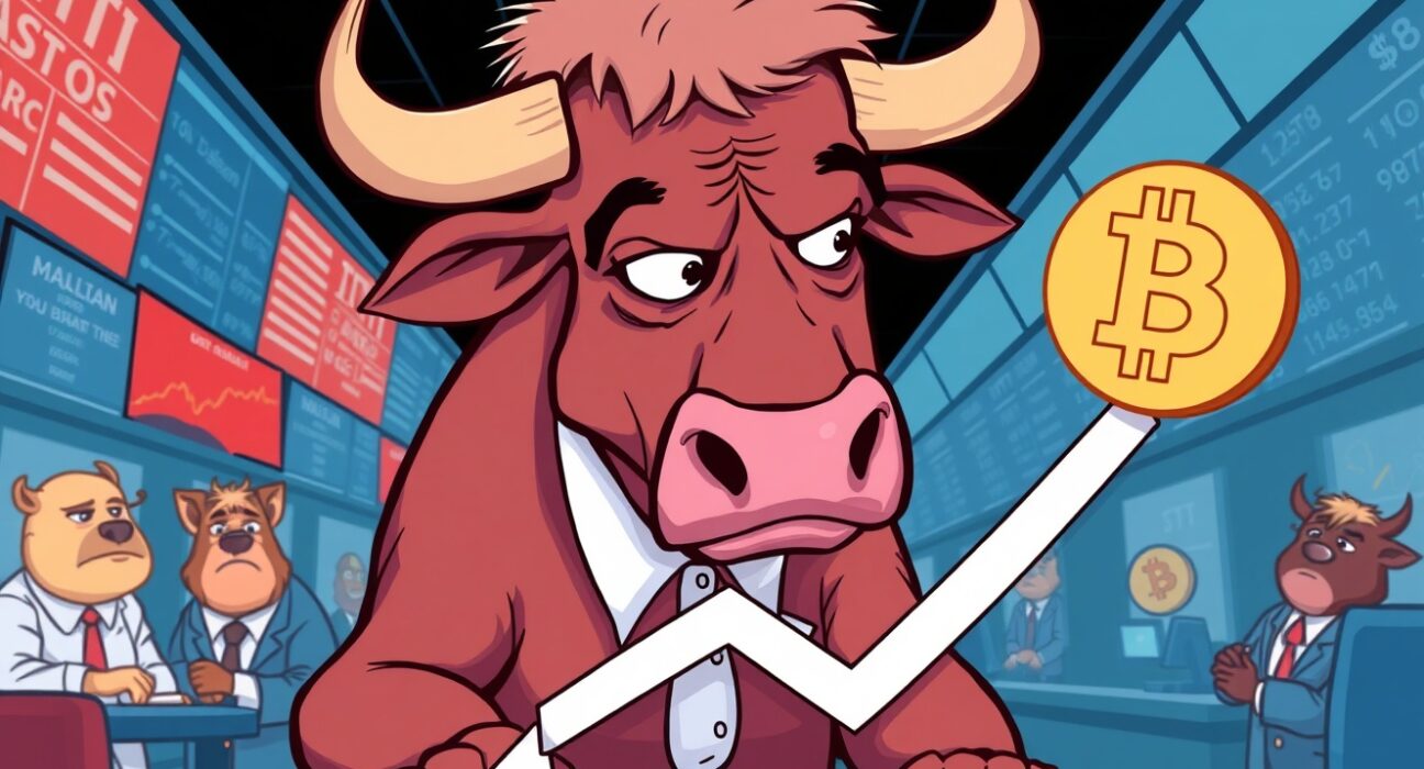 A cartoon illustration showing CME Bitcoin backwardation as a worried bull trader watching a falling chart.