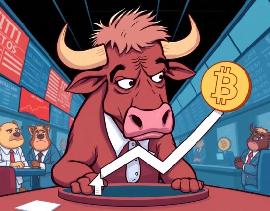 A cartoon illustration showing CME Bitcoin backwardation as a worried bull trader watching a falling chart.