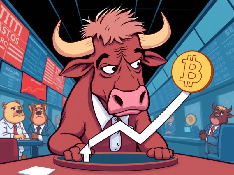 A cartoon illustration showing CME Bitcoin backwardation as a worried bull trader watching a falling chart.