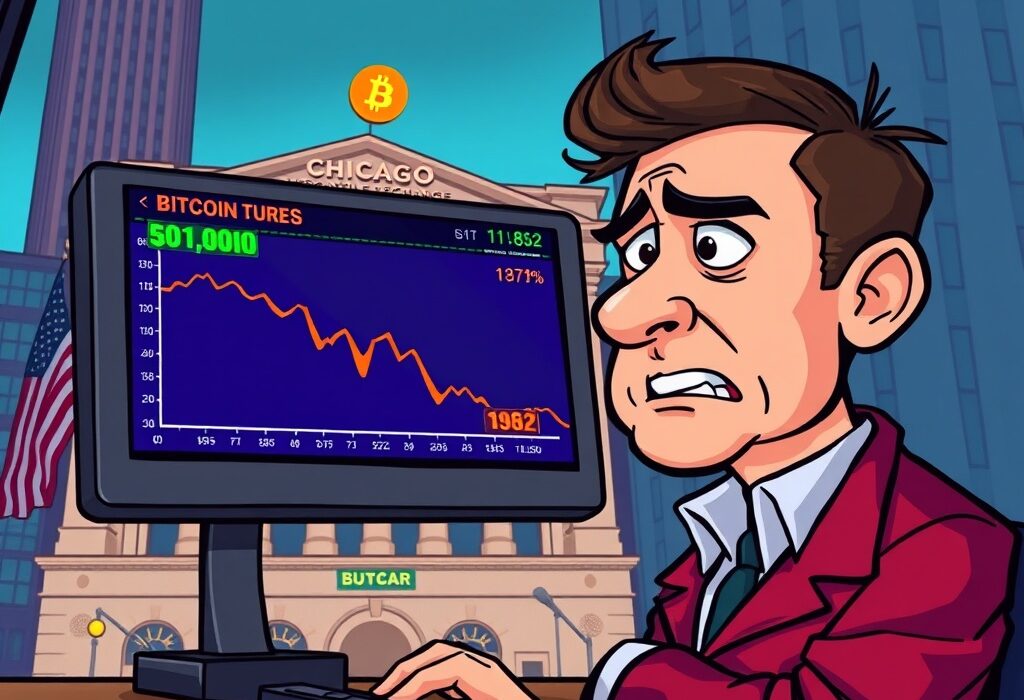Cartoon showing a trader reacting to a significant drop in CME Bitcoin futures prices on a screen, illustrating market volatility for CME Bitcoin futures.