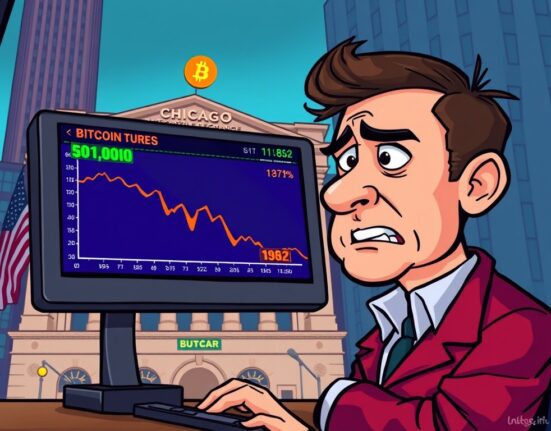 Cartoon showing a trader reacting to a significant drop in CME Bitcoin futures prices on a screen, illustrating market volatility for CME Bitcoin futures.