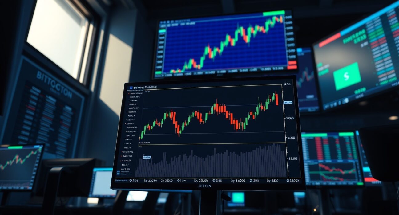 Professional trading desk monitors displaying Bitcoin price chart with CME futures gap visible