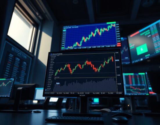 Professional trading desk monitors displaying Bitcoin price chart with CME futures gap visible