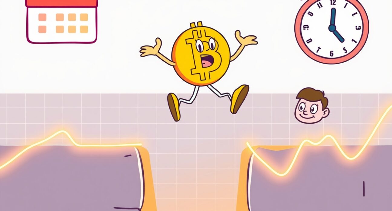 A cartoon Bitcoin leaping over a crucial CME Bitcoin futures gap on a financial chart.