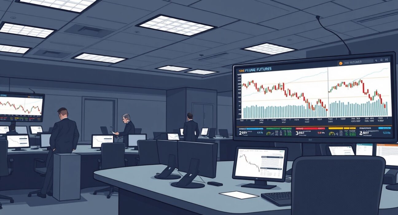 Analysis of declining CME Bitcoin futures volume on a professional trading floor, reflecting reduced institutional activity.