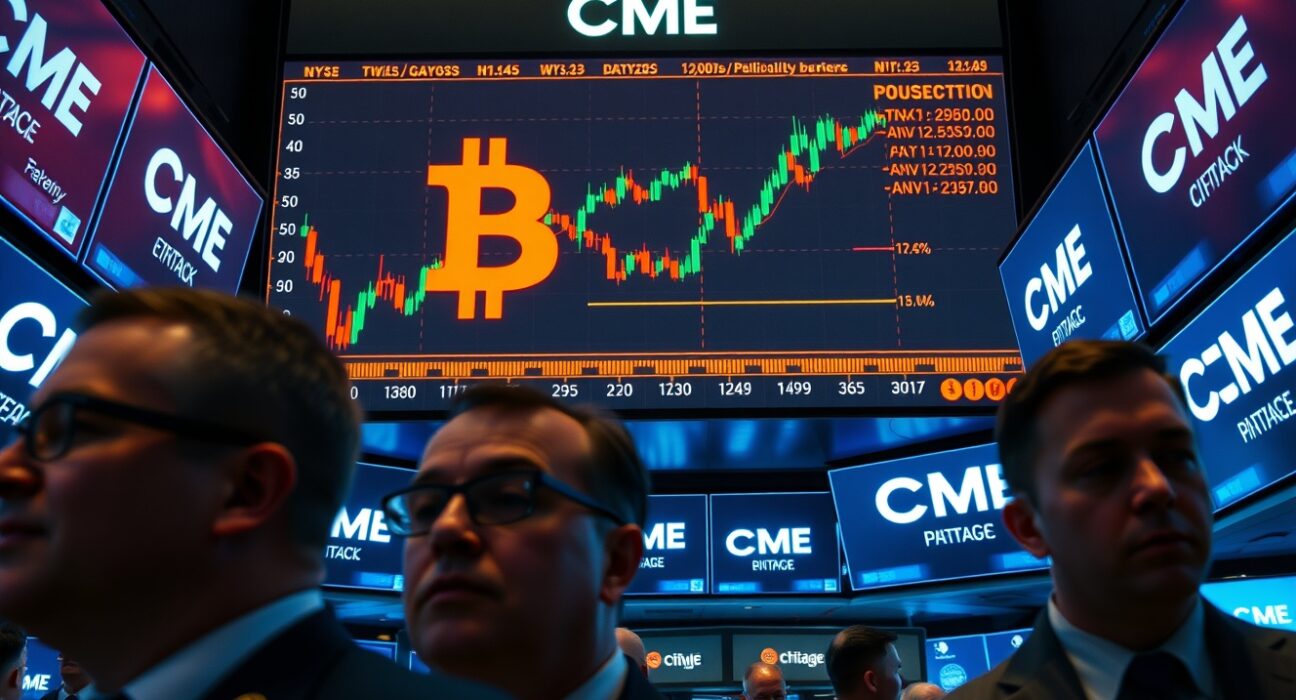 CME trading floor with digital display showing Bitcoin BVI volatility index data