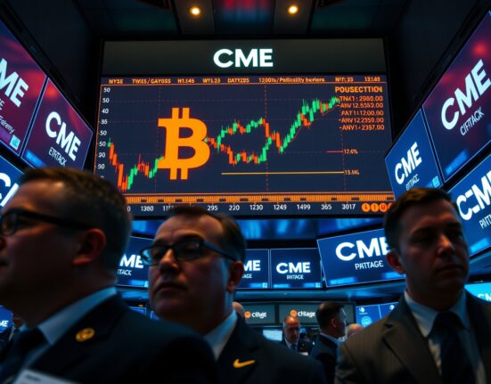 CME trading floor with digital display showing Bitcoin BVI volatility index data