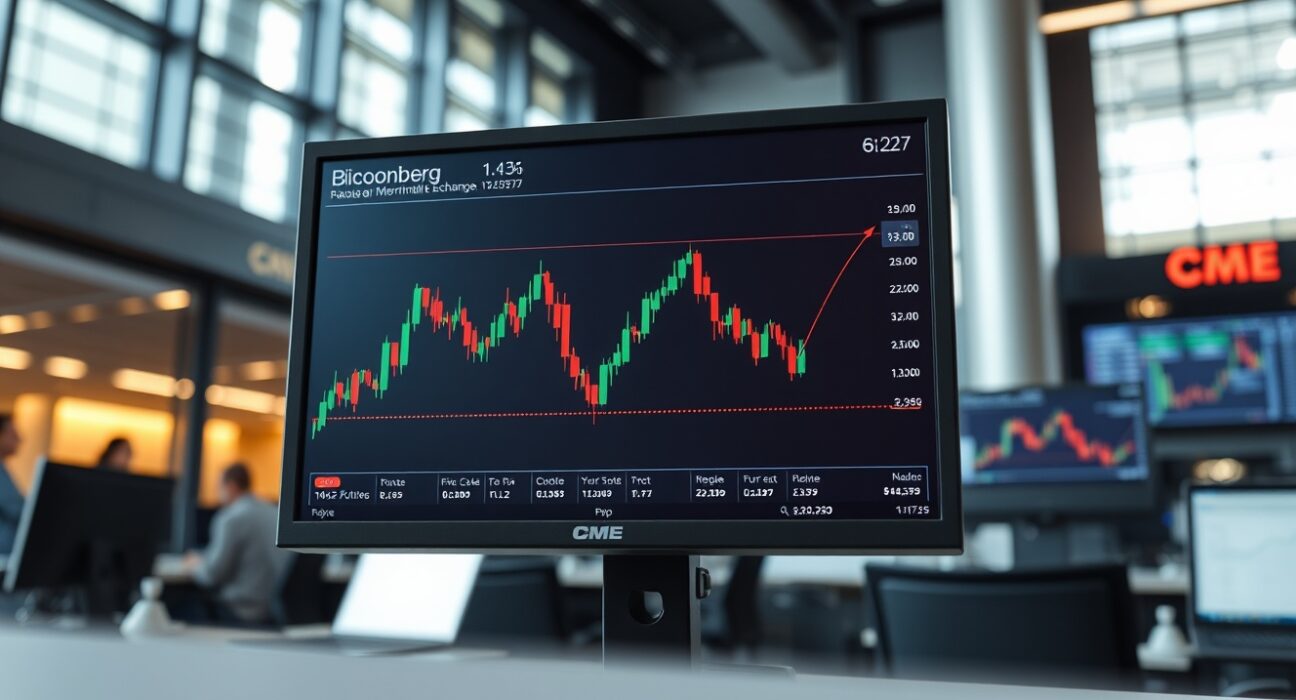 CME BTC futures chart showing a significant price gap on a professional trading terminal.
