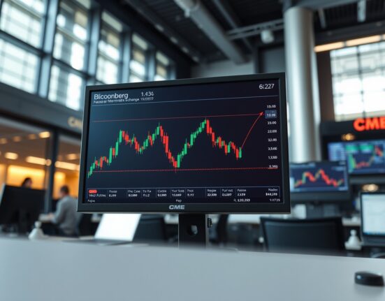 CME BTC futures chart showing a significant price gap on a professional trading terminal.