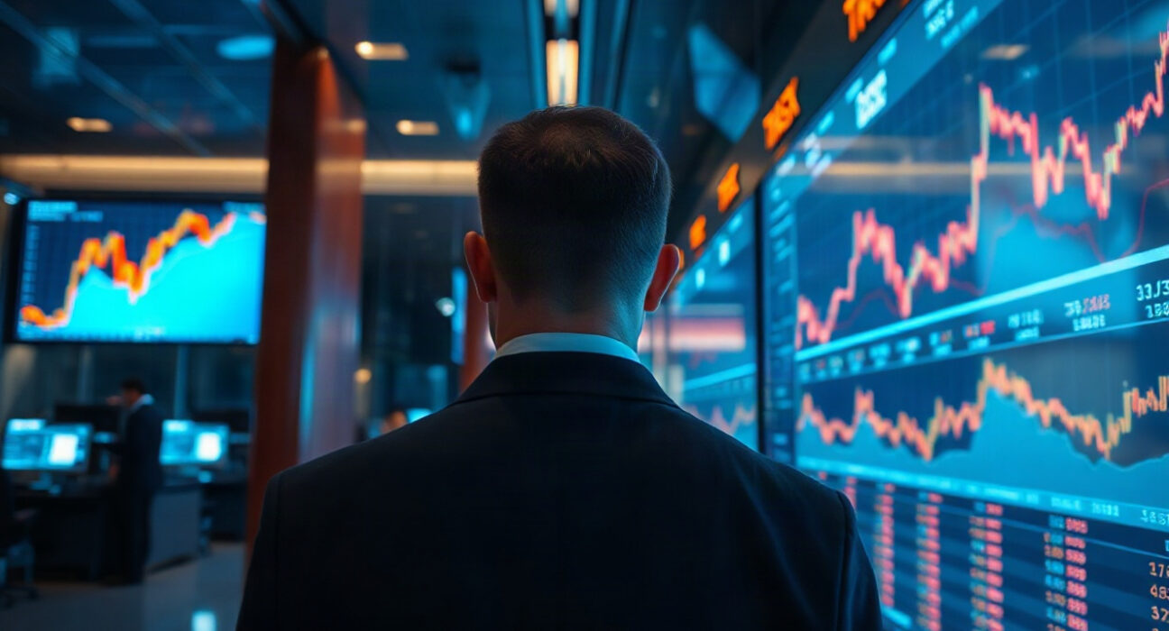 Trader monitoring Bitcoin futures and price charts on screens in a modern trading floor.