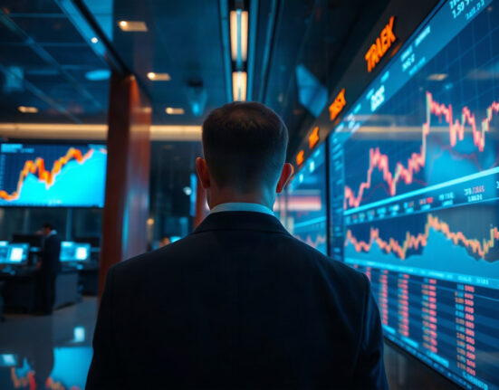 Trader monitoring Bitcoin futures and price charts on screens in a modern trading floor.