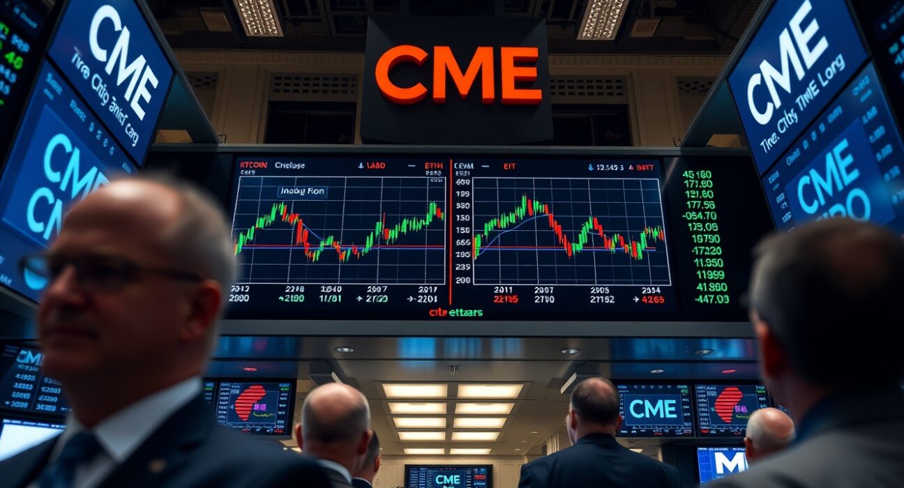 CME trading floor with digital screen showing Bitcoin and Ether futures data during weekend trading