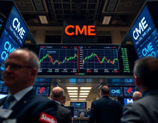 CME trading floor with digital screen showing Bitcoin and Ether futures data during weekend trading