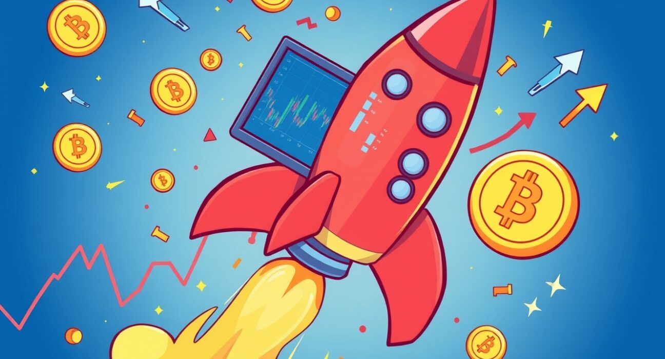 Record-breaking CME crypto trading volume shown as rocket soaring through financial charts