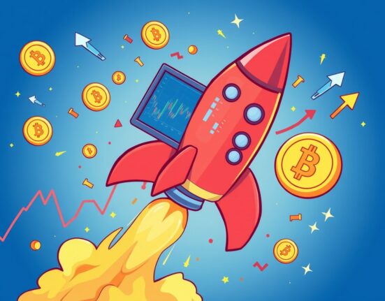 Record-breaking CME crypto trading volume shown as rocket soaring through financial charts