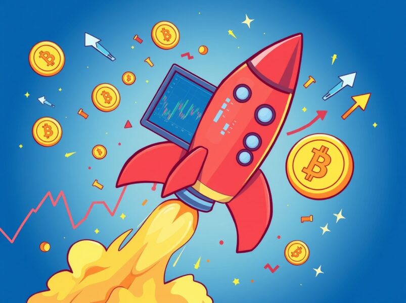 Record-breaking CME crypto trading volume shown as rocket soaring through financial charts