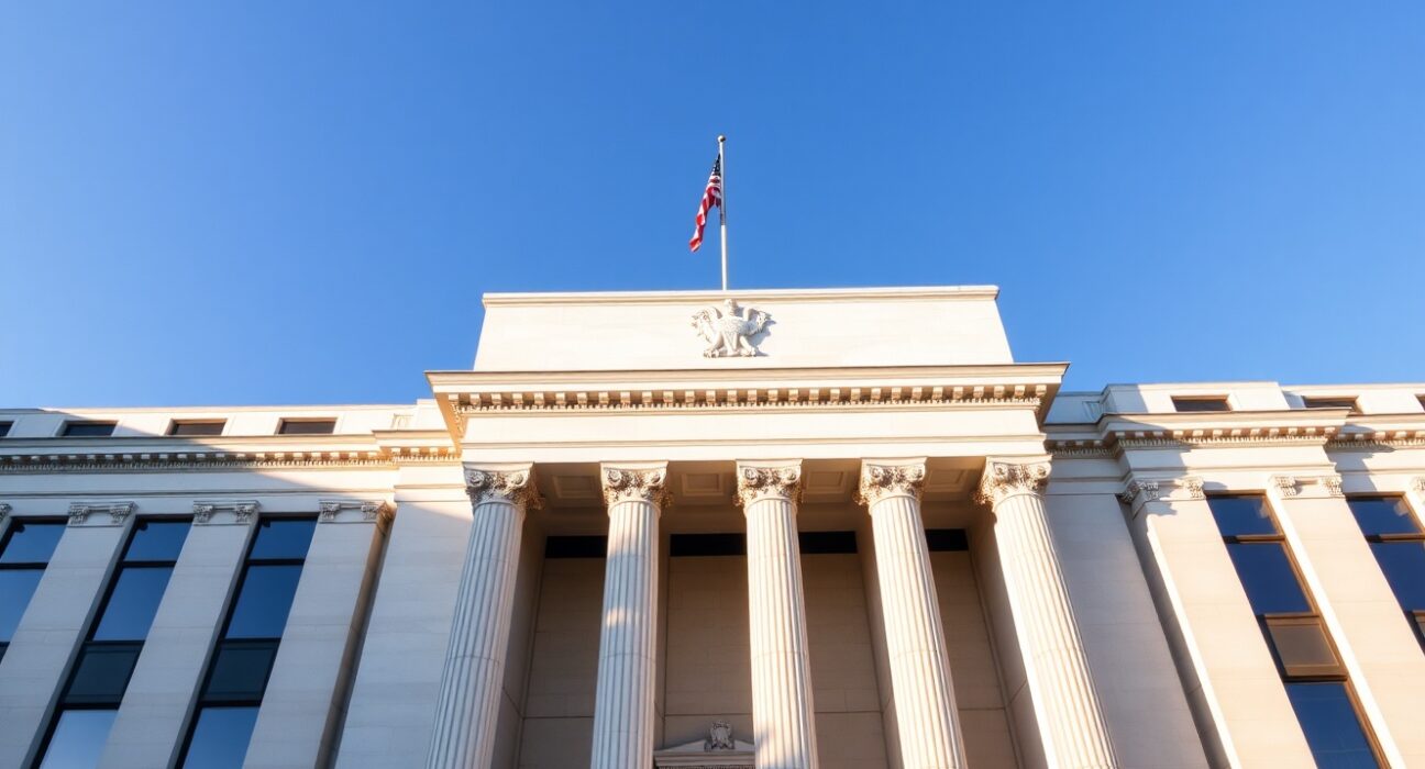 Exterior of the Federal Reserve building in Washington, D.C., on a sunny day.