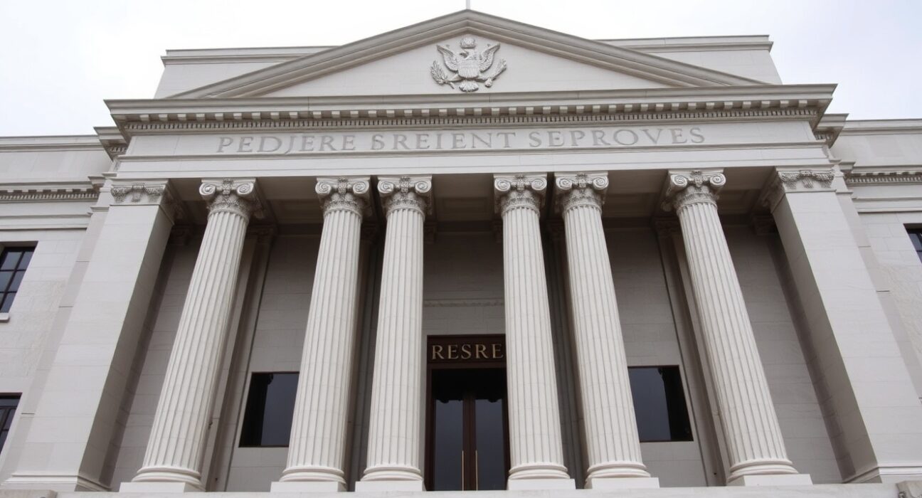 Exterior of the Federal Reserve building in Washington, D.C., under overcast sky