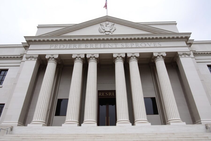 Exterior of the Federal Reserve building in Washington, D.C., under overcast sky