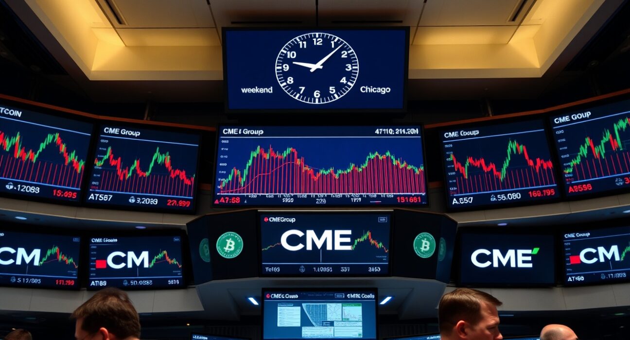 CME Group trading floor with digital screens showing Bitcoin futures charts and a clock indicating 24-hour trading