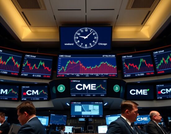 CME Group trading floor with digital screens showing Bitcoin futures charts and a clock indicating 24-hour trading