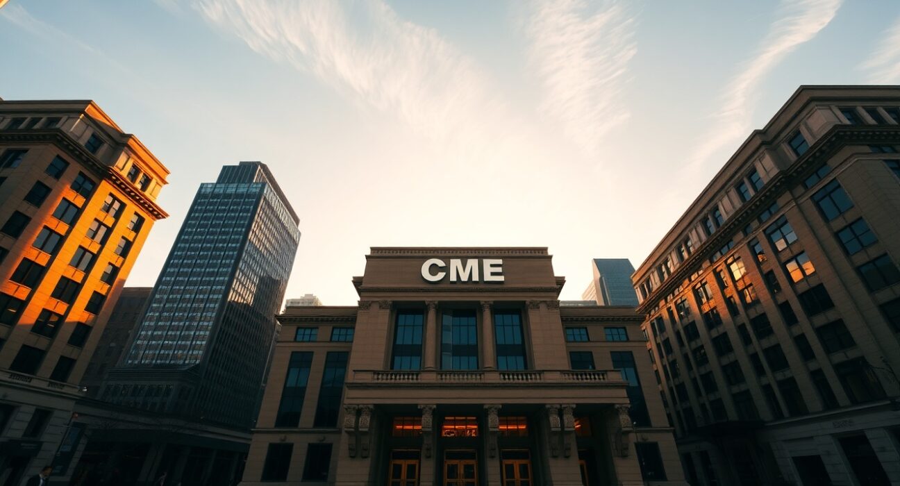 CME Group headquarters building in Chicago at golden hour