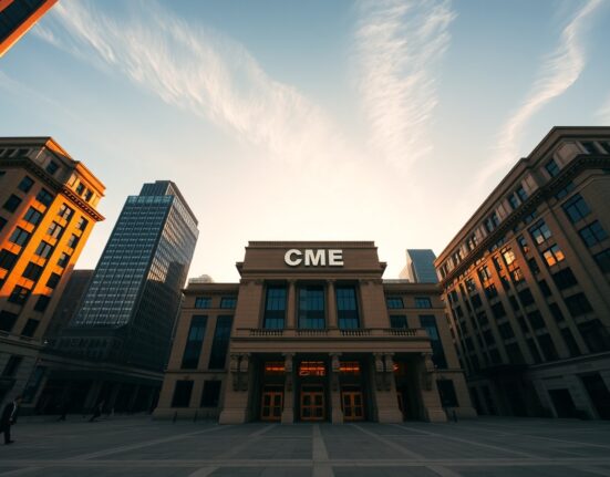 CME Group headquarters building in Chicago at golden hour