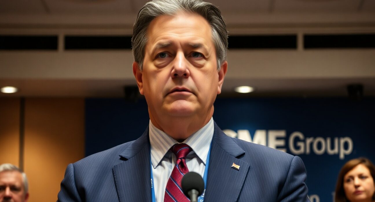 CME Group CEO Terry Duffy speaking at a press conference about cryptocurrency derivatives regulation