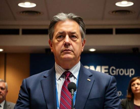 CME Group CEO Terry Duffy speaking at a press conference about cryptocurrency derivatives regulation