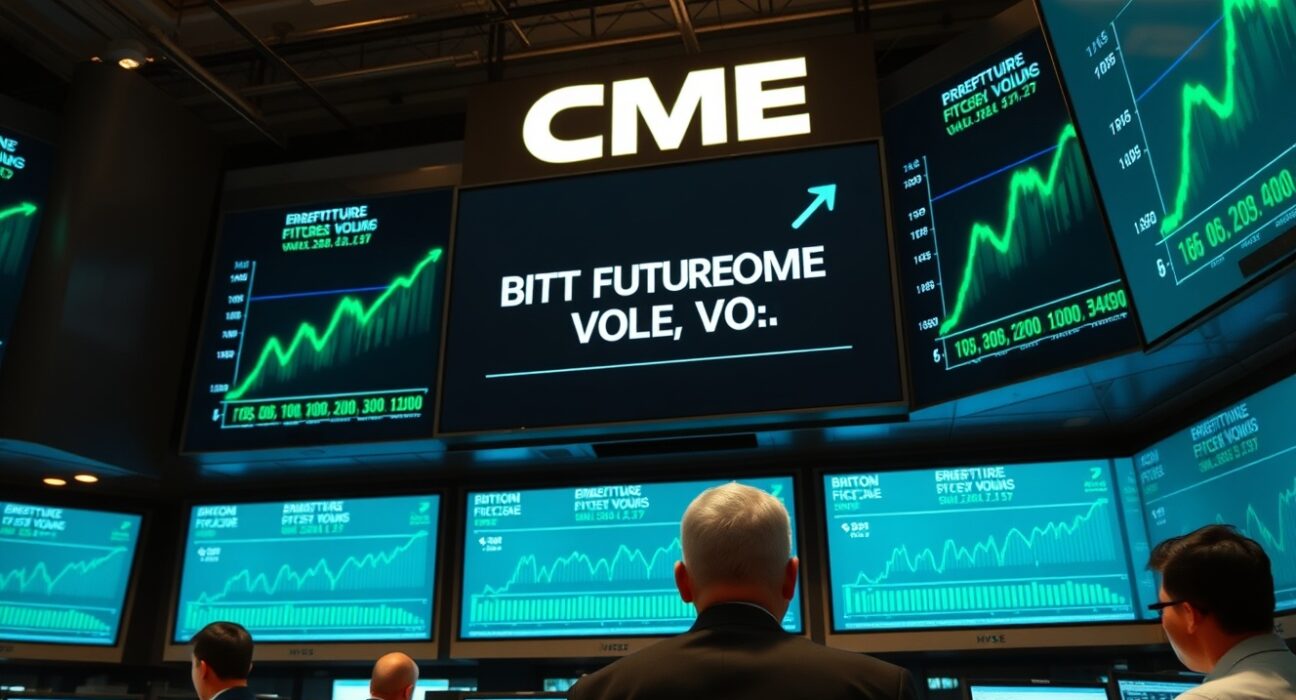 CME Group trading floor with screens showing rising cryptocurrency futures volume data