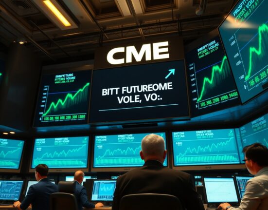 CME Group trading floor with screens showing rising cryptocurrency futures volume data