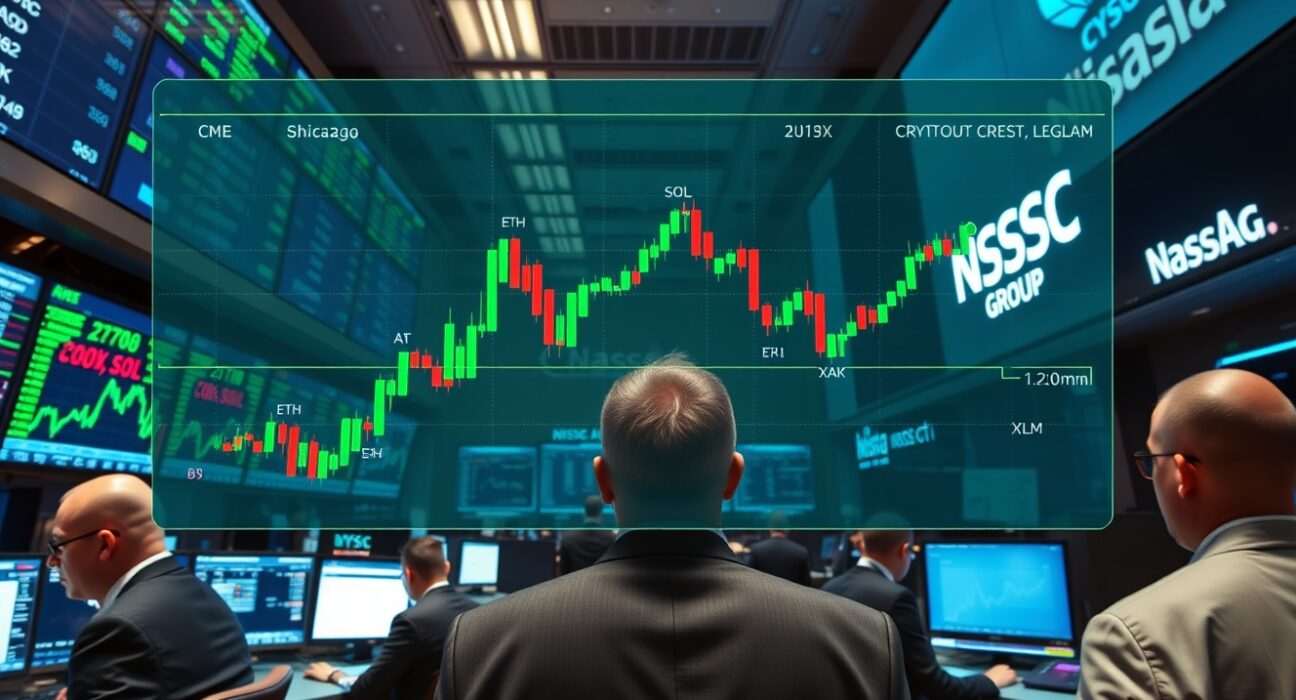 CME Group and Nasdaq trading floors with a digital cryptocurrency index overlay showing BTC, ETH, SOL, XRP, ADA, LINK, and XLM prices.
