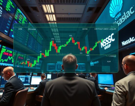 CME Group and Nasdaq trading floors with a digital cryptocurrency index overlay showing BTC, ETH, SOL, XRP, ADA, LINK, and XLM prices.