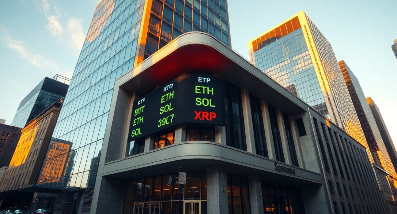 CME Group building with digital cryptocurrency price ticker board at golden hour