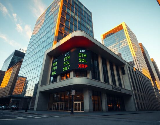 CME Group building with digital cryptocurrency price ticker board at golden hour
