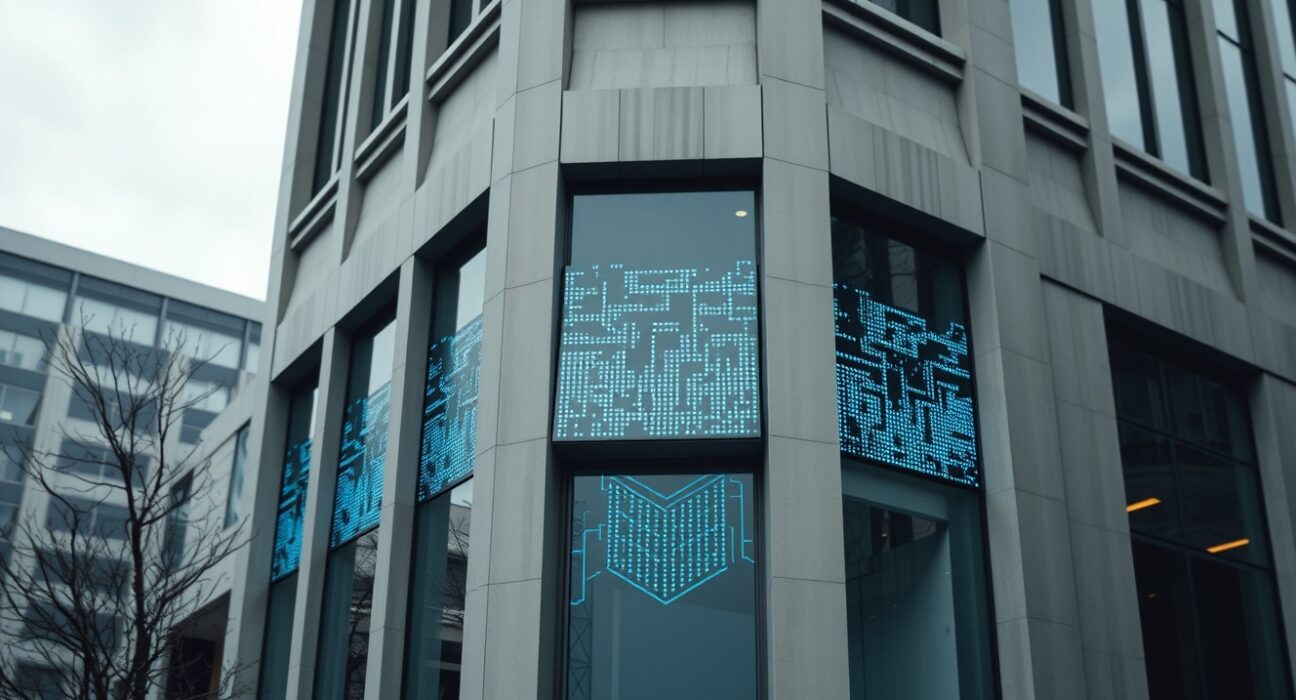 Financial district building exterior with digital blockchain overlay representing crypto regulation concerns