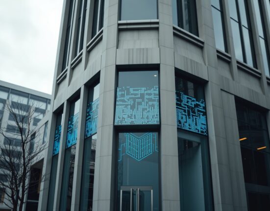 Financial district building exterior with digital blockchain overlay representing crypto regulation concerns