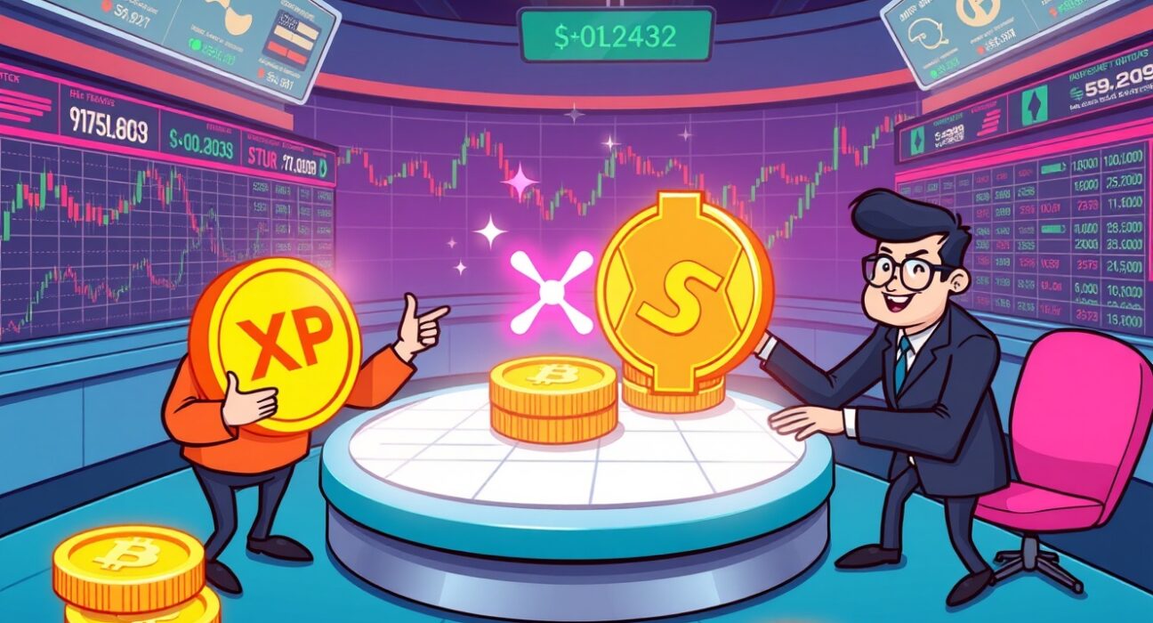Cartoon illustration of CME Group launching XRP and SOL futures on a vibrant digital trading floor.