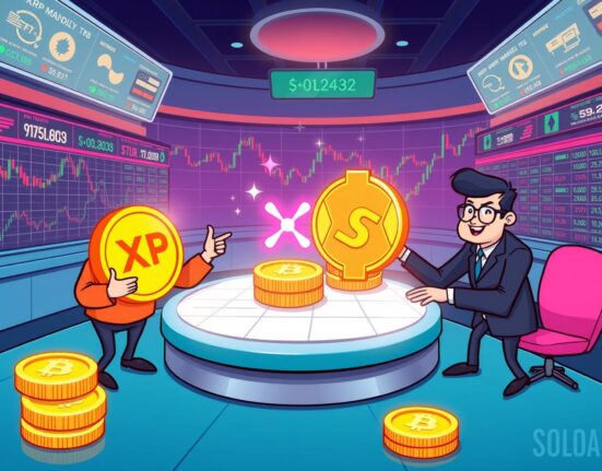 Cartoon illustration of CME Group launching XRP and SOL futures on a vibrant digital trading floor.
