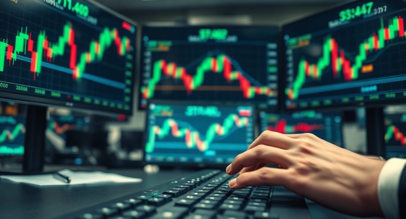 Trader analyzing Bitcoin futures on multiple screens in a professional trading floor environment