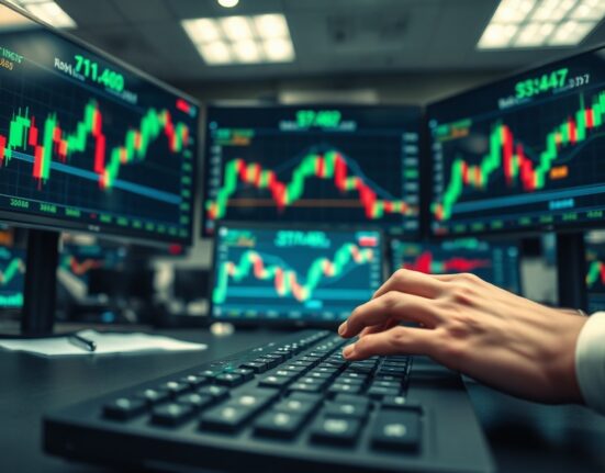 Trader analyzing Bitcoin futures on multiple screens in a professional trading floor environment