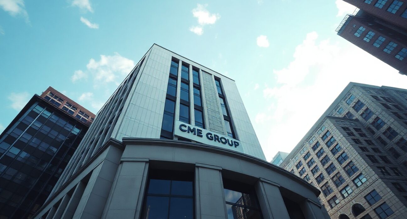 CME Group headquarters building in Chicago under clear sky