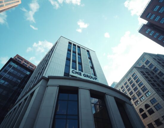 CME Group headquarters building in Chicago under clear sky