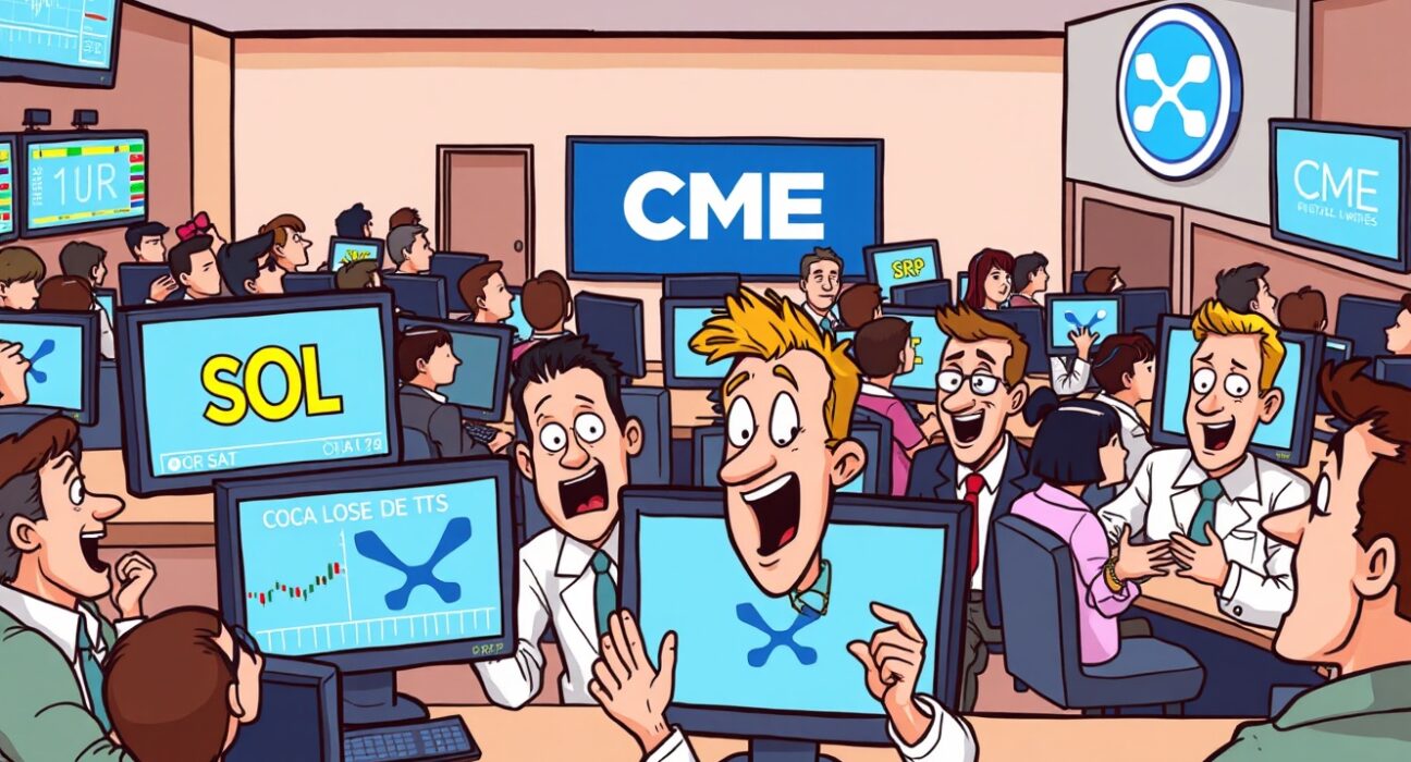 Cartoon traders excitedly engaging with screens displaying CME SOL XRP futures, symbolizing institutional crypto market growth.
