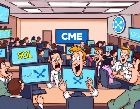 Cartoon traders excitedly engaging with screens displaying CME SOL XRP futures, symbolizing institutional crypto market growth.