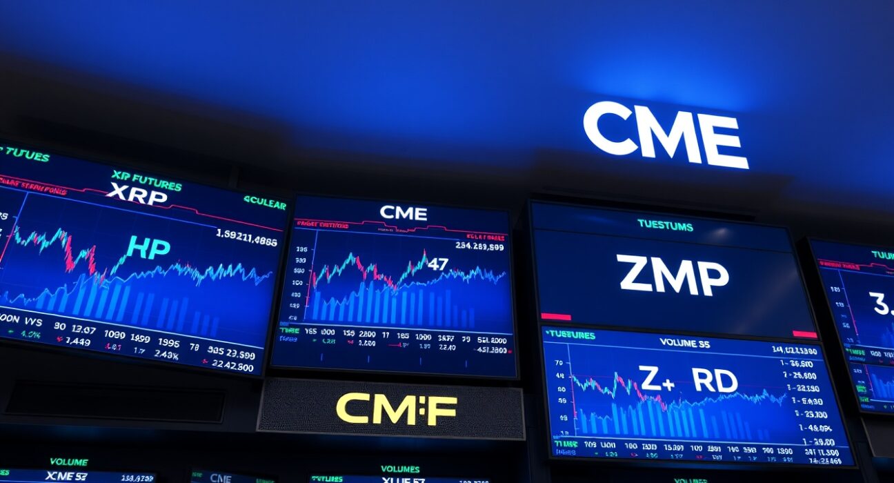 CME trading floor screens display XRP futures volume data and charts in a professional financial setting