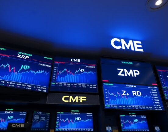 CME trading floor screens display XRP futures volume data and charts in a professional financial setting