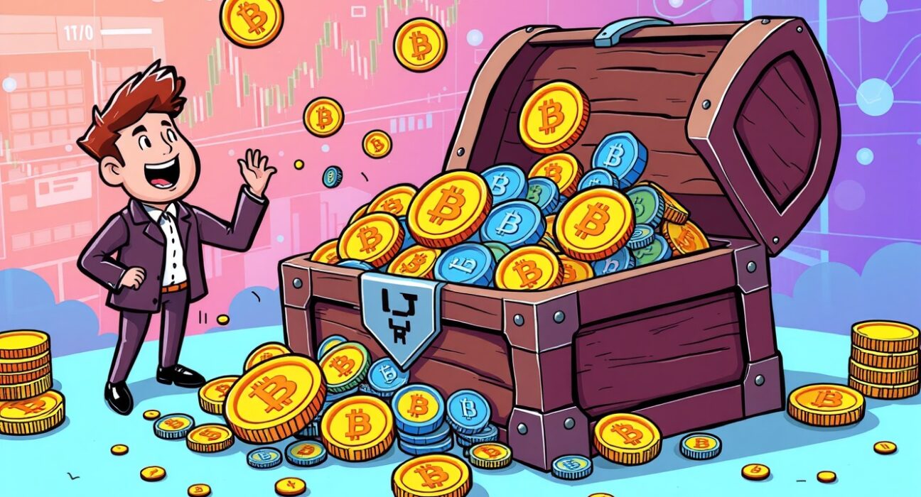 CMT Digital crypto venture fund treasure chest with digital coins and blockchain symbols