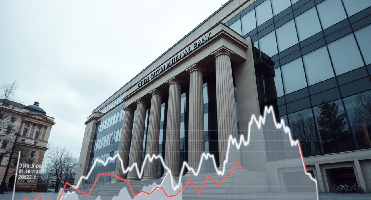 Czech National Bank building in Prague with financial yield chart overlays