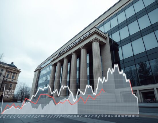 Czech National Bank building in Prague with financial yield chart overlays